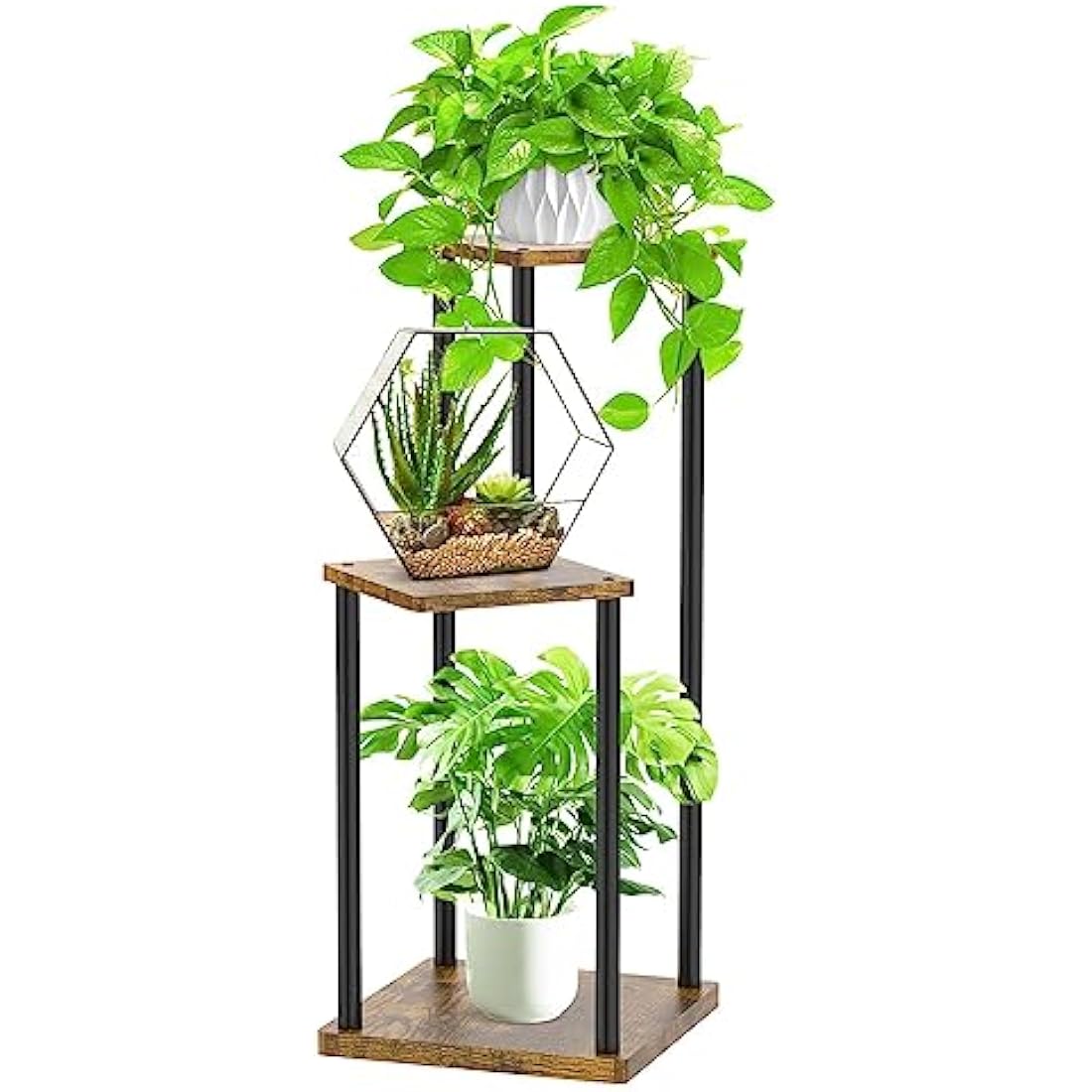 LyTaispuly 3 Tier Plant Stands Indoor Outdoor, Metal Wood Tiered Corner Plant Stand Pot Holder, Wood Flower Shelf Display Rack for Living Room Bedroom Balcony Garden Patio, Black