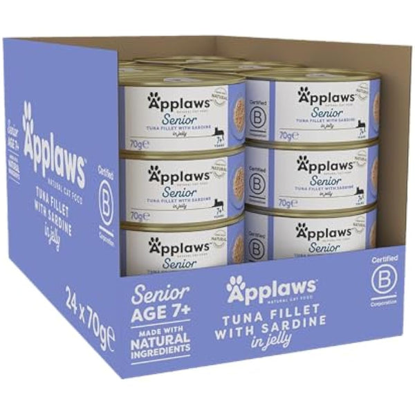 Applaws Natural Senior Wet Cat Food, Tuna with Sardines in a Soft Mousse 70g Tin(Pack of 24 x 70g Tins)