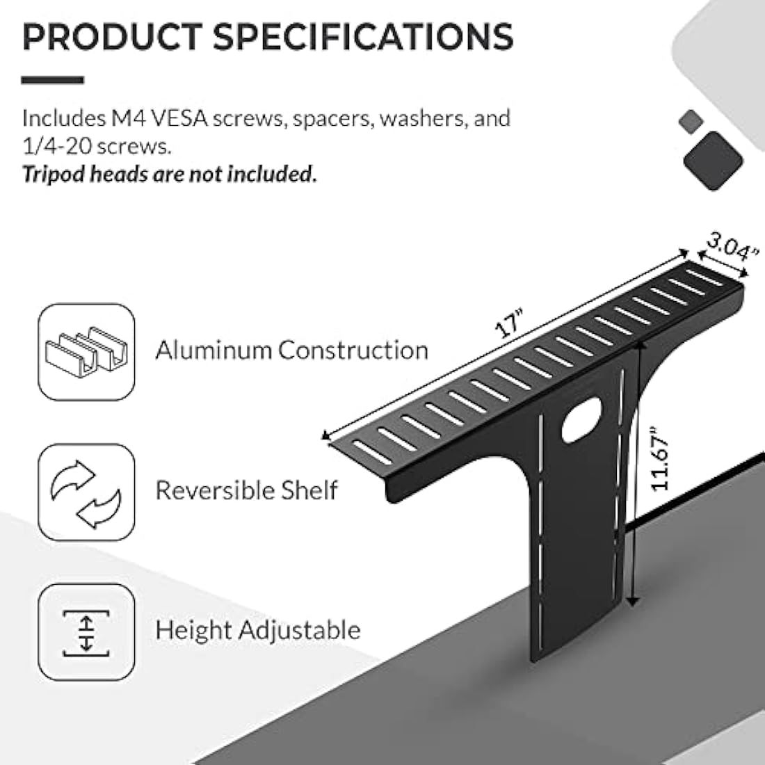 HumanCentric DSLR Monitor Mount Large, Desk Camera Mounting, Light Webcam, Microphone Shelf for Monitor VESA Arm, Replace Clamp Tripods, 100x100mm Patterns, Aluminum, Hardware Included