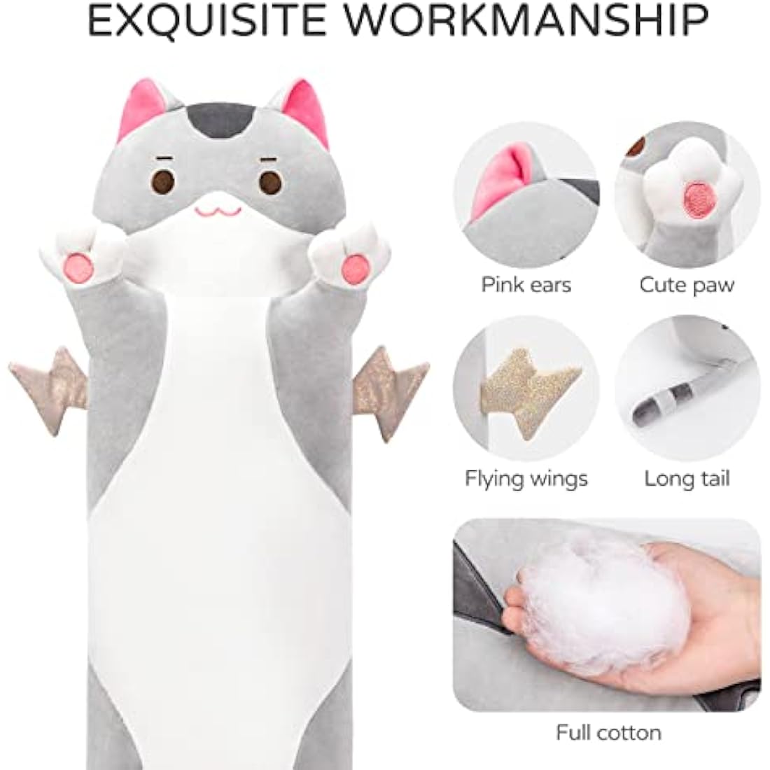Mewaii 20inch/50cm Long Cat Plush Pillows Stuffed Animals Squishy Pillows - Plushie Cute Kitty Sleeping Hugging Plush Pillow Soft Toys for Kids(Gray)