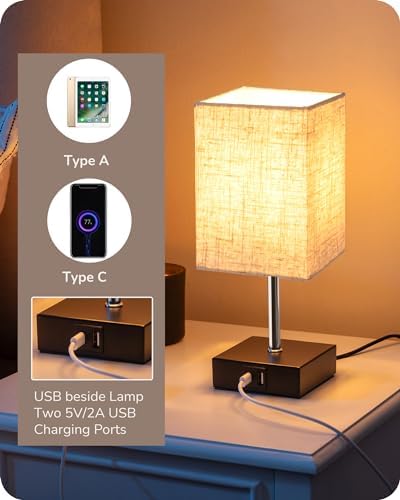 EDISHINE Bedside Lamps Set of 2, 3 Way Dimmable Table Lamp with USB A+C Charging Ports, Touch Lamps for Bedroom, Living Room, Beige Linen Lampshade(LED Bulbs Included)