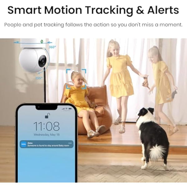AOSU 2K WiFi Camera Indoor - Nanny Cam for Baby Room & Home, Plug-in, App Control, Pet Dog Monitoring, Motion Tracking, 360°View, 24/7 Recording, One-Touch Call, Two Way Audio