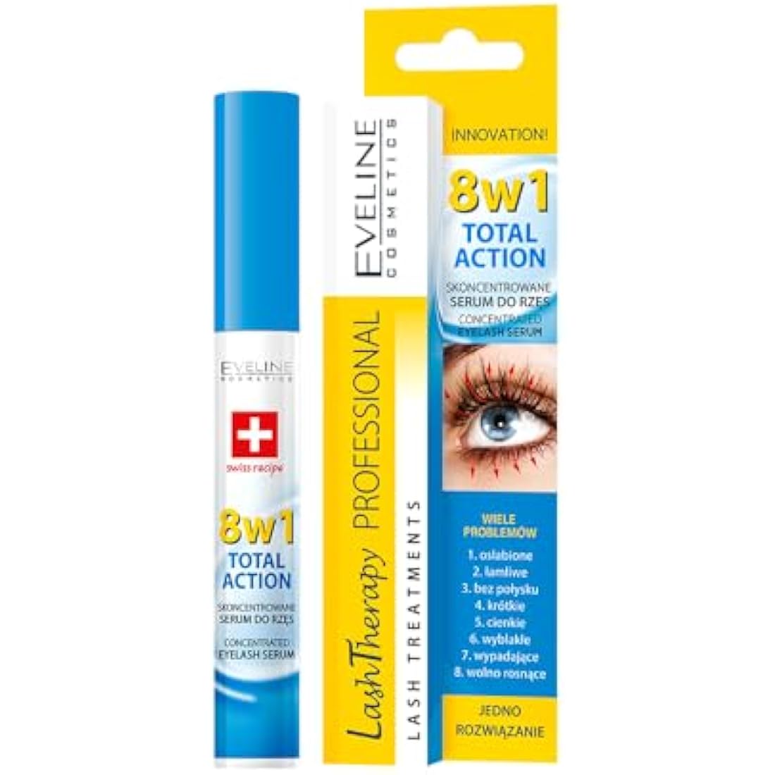 Eveline Cosmetics Lash Therapy Professional Total Action 8-in-1 Concentrated Eyelash Serum with Argan Oil, D-Panthenol & Hyaluronic Acid - Nourishing & Strengthening Formula for Thicker, Fuller Lashes