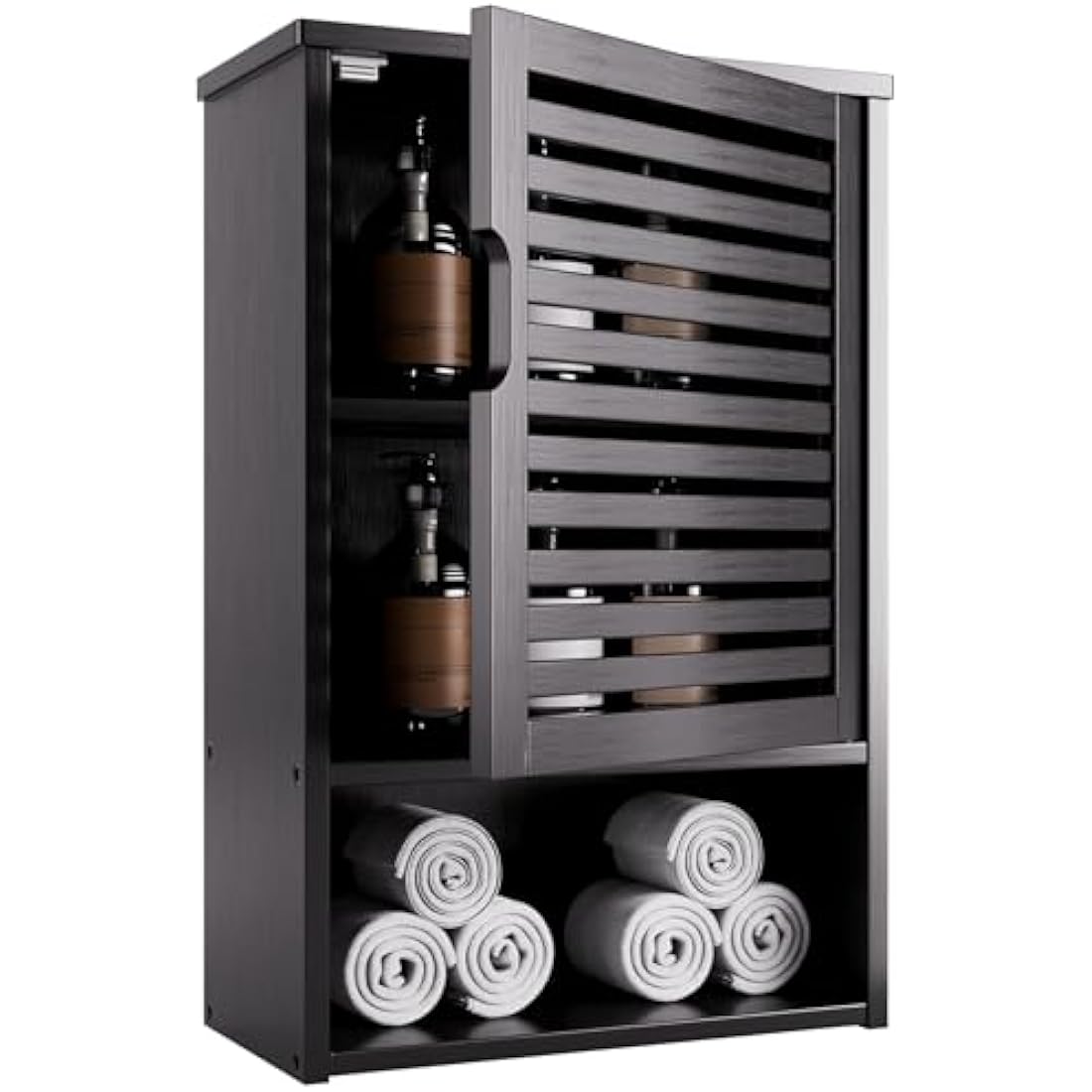 HITNET Bathroom Storage Cabinet Wall Mounted, Hanging Medicine Cabinet with Adjustable Shelf, Over the Toilet Space Saver Organizer, Black Bamboo Kitchen Cupboard, Single Door