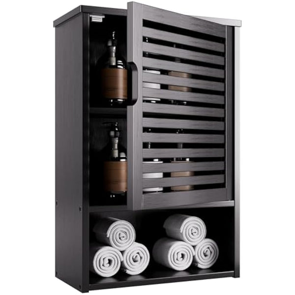 HITNET Bathroom Storage Cabinet Wall Mounted, Hanging Medicine Cabinet with Adjustable Shelf, Over the Toilet Space Saver Organizer, Black Bamboo Kitchen Cupboard, Single Door