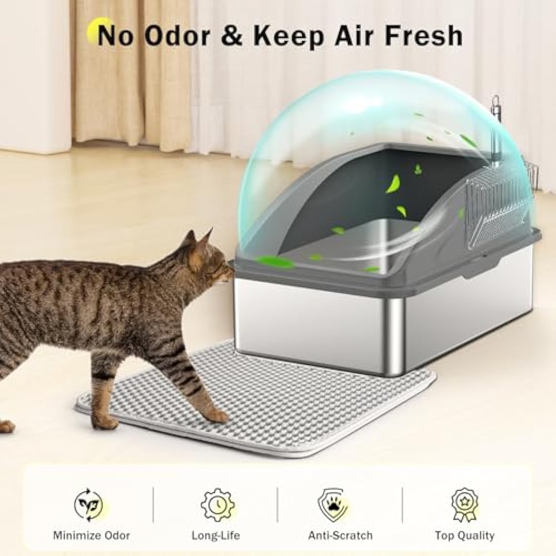 FURTIME Stainless Steel Cat Litter Tray Grey with Detachable Enclosure, 31cm High Sided Cat Litter Box Anti-Spillage and 60cm Extra Large Litter Tray with Lid for All Cats, with Litter Scoop & Mat