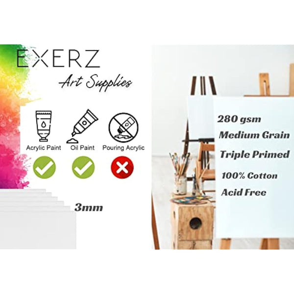 Exerz 40x50cm Canvas Panels 6pcs/ 3mm Artist Canvas Board Blank/ 280gsm 100% Cotton/Triple Primed/Acid Free/Medium Grain - Oil & Acrylic Painting for Artists at All Levels