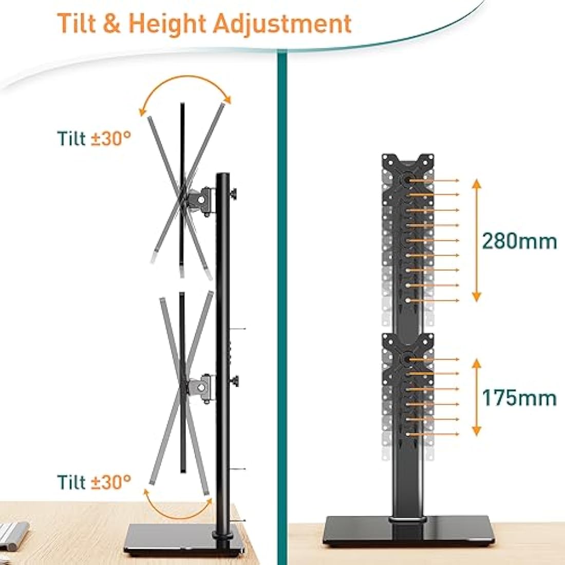 ELIVED Dual Monitor Stand - Freestanding Arm for 13-32 Inch Monitors, VESA 75x75/100x100mm, Up to 15KG, 360° Rotation, Height Adjustable EV2012