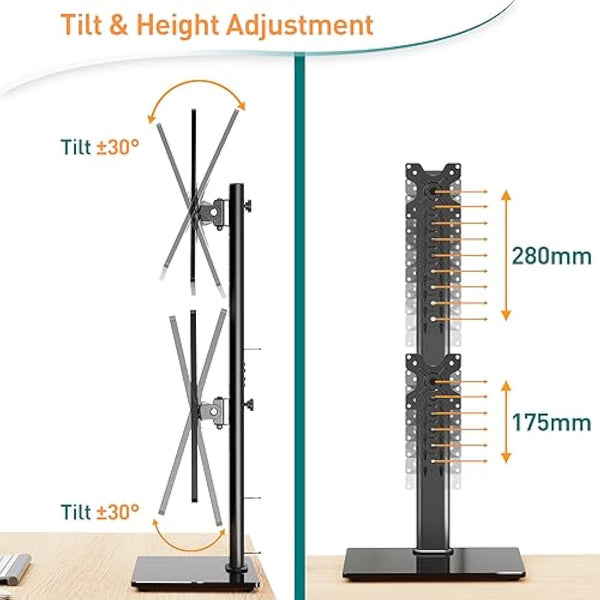 ELIVED Dual Monitor Stand - Freestanding Arm for 13-32 Inch Monitors, VESA 75x75/100x100mm, Up to 15KG, 360° Rotation, Height Adjustable EV2012
