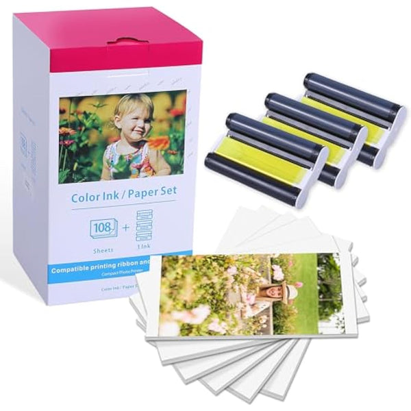 Aken Ink and Paper Set, KP-108IN 3115B001(AA) for Canon Selphy CP Series Photo Printers, 3 Ink Cartridges and 108 Glossy 4x6 inch Photo Papers