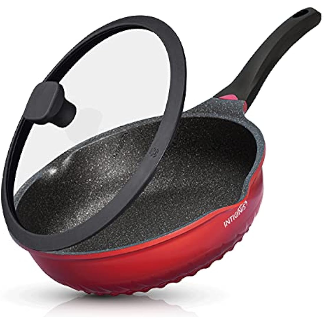 INTIGNIS Deep Non-Stick Frying Pan with Lid – 3-in-1 Sauté Pan, Skillet & Mini Wok – GREBLON Ceramic Coating | Induction Hob Safe | Stainless Steel Base |PTFE & PFOA Free (Red, 28 cm)