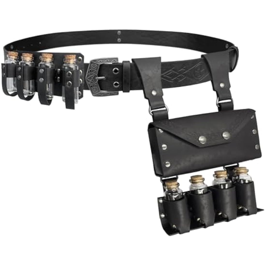 EpicCos 3 PCs Medieval Alchemy Belt Waist Pack Combo with Multiple Potion Bottles, Viking Rivet Belt Side Pouch for Cosplay (Black C)