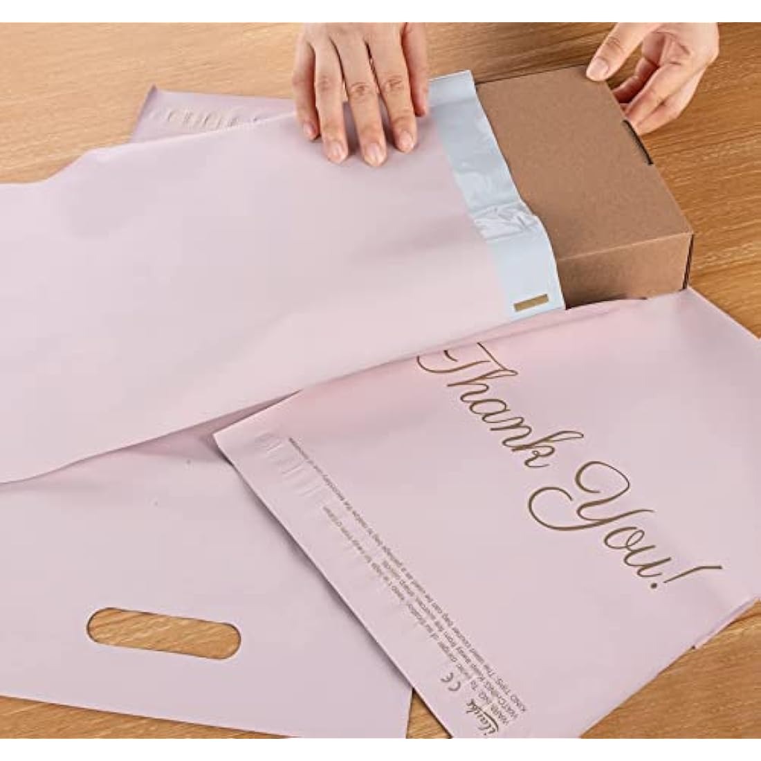 Mailing Bags, 60pcs Rose-Gold Poly Mailers 10x14 Inch(250 x 350mm) with Handle and “Thank You” Self Seal Waterproof Envelope Shipping Bags for Assorted Post Shipping Parcels Package Bags