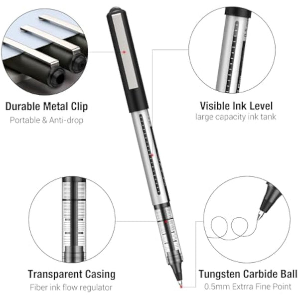 AKARUED Rollerball Pens 16 Pack Black Gel Pens, 0.5mm Liquid Ink Quick-Drying Ballpoint Pens Writing Pens for Bullet Journal, Notebook. School & Office Supplies for Students Adults