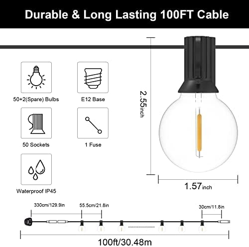 GLUROO Festoon Lights Outdoor 100FT, G40 LED String Lights Mains Powered with 50+2 Plastic Bulbs,Waterproof Connectable Outdoor String Llights for Garden,Porch, Backyard,Bistro