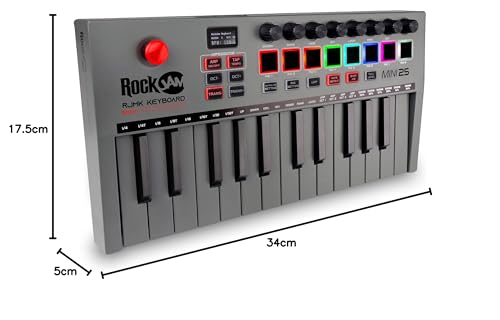 RockJam 25-Key Rechargeable USB MIDI Keyboard Controller – Mini Piano Keyboard with Velocity-Sensitive Pads, Synth Controller, Bluetooth/Wired MIDI, Arpeggiator, DAW Compatible