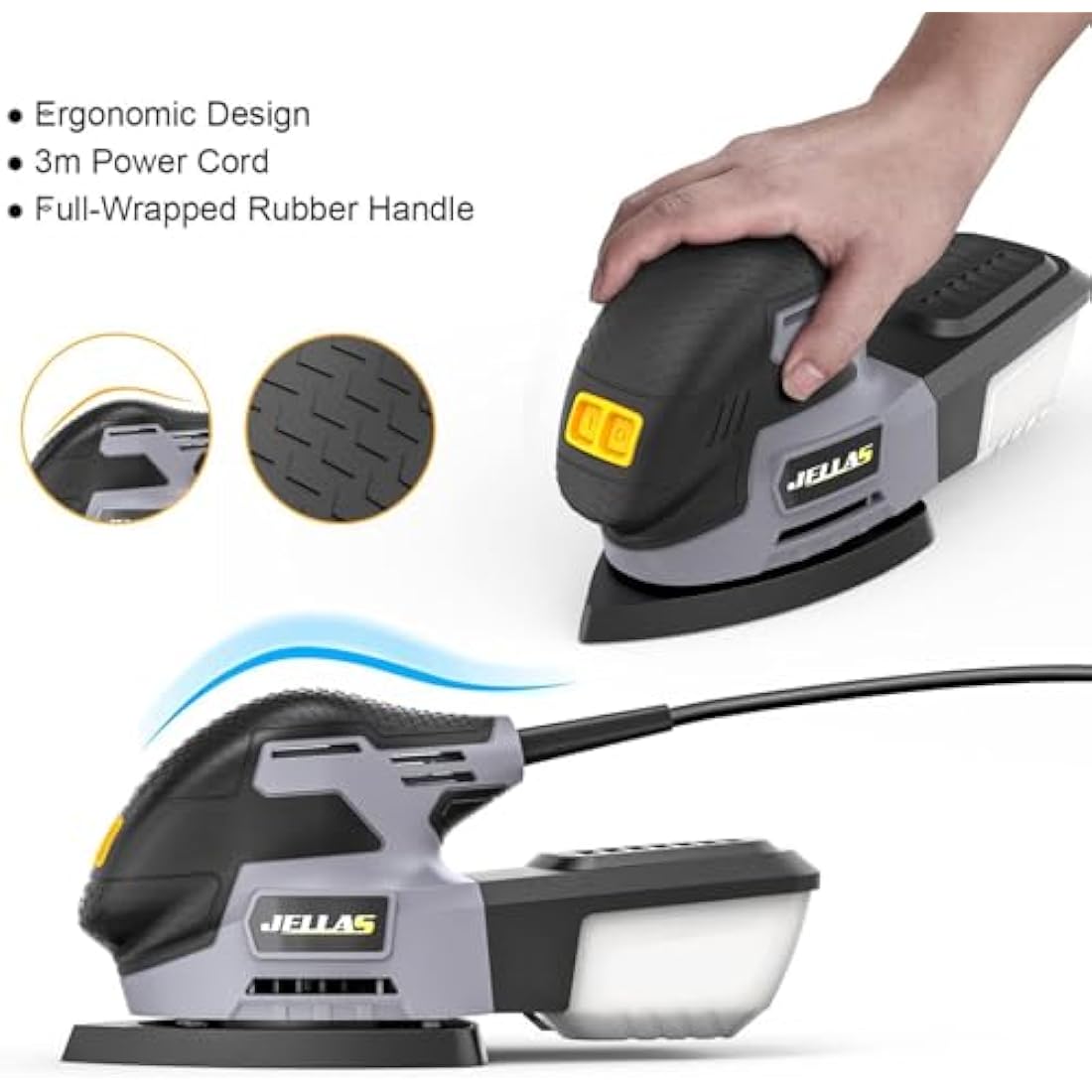 JELLAS Detail Mouse Sander, 220W Compact Sander Machine for Wood, 13,000 RPM Sanders with Dust Collection, 12PCS Standard Sandpapers, 4 Finger Attachment and Sanding Pad Included, JD2442