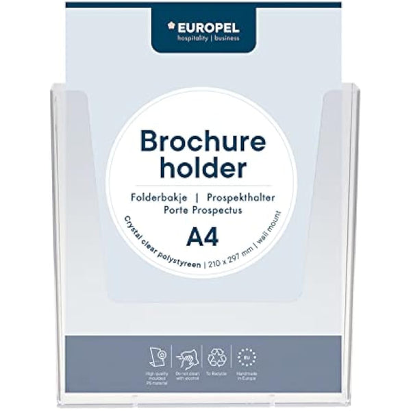 Europel Wall Mounted Brochure Holder | for A4 Size | Crystal Clear Acrylic Literature Stand & Dispenser | Booklet, Flyer & Menu Display & Dispenser for Office, Restaurants & Reception | Portrait