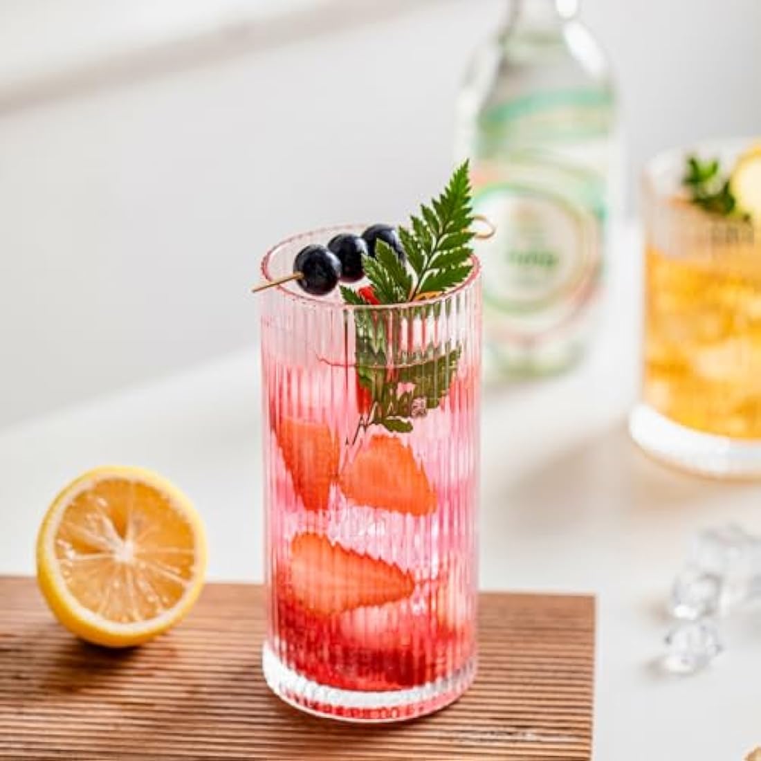 INSETLAN Ribbed Drinking Glasses Set of 6, 370ml Origami Design Ribbed Glassware, Highball Glasses for Juice, Water, and Cocktails, Perfect for Home, Restaurants, and Parties | Dishwasher Safe