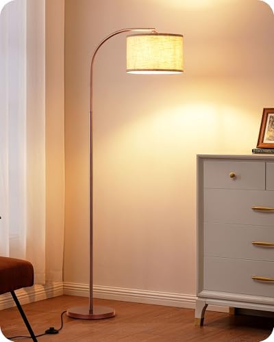 EDISHINE LED Floor Lamp, 63" Standing Lamp with Adjustable Linen Shade, Brown Metal Arc Light Pole, Modern Simple Reading Light for Living Room, Lounge, E27 Socket, LED Bulb Included