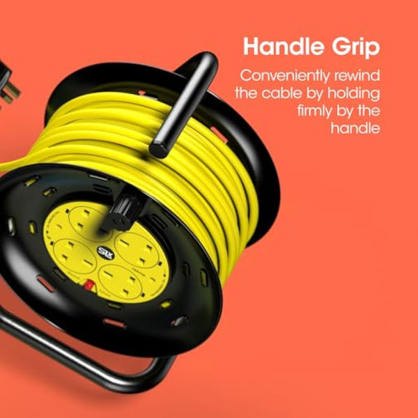 Extension Lead 30m Heavy Duty Cable Reel, 4 Socket Cord Reel UK Plug Socket with Thermal Cut-Out Protection 13A Fused Plug