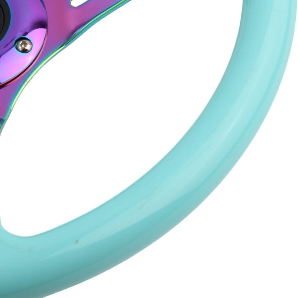 350mm Green Racing Steering Wheel Neo Chrome Spoke Universal 6 Bolts 45mm Deep Dish Classic ABS Wood Steering Wheel with Horn Button