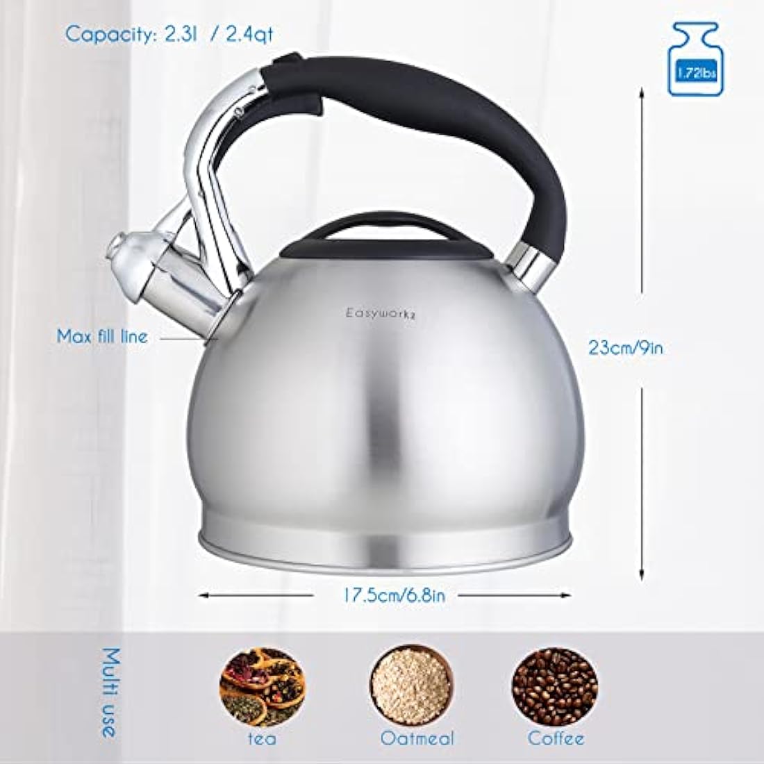 Easyworkz Whistling Stovetop 2.3l Tea Kettle Food Grade Stainless Steel Hot Water Tea Pot with Loud Whistle