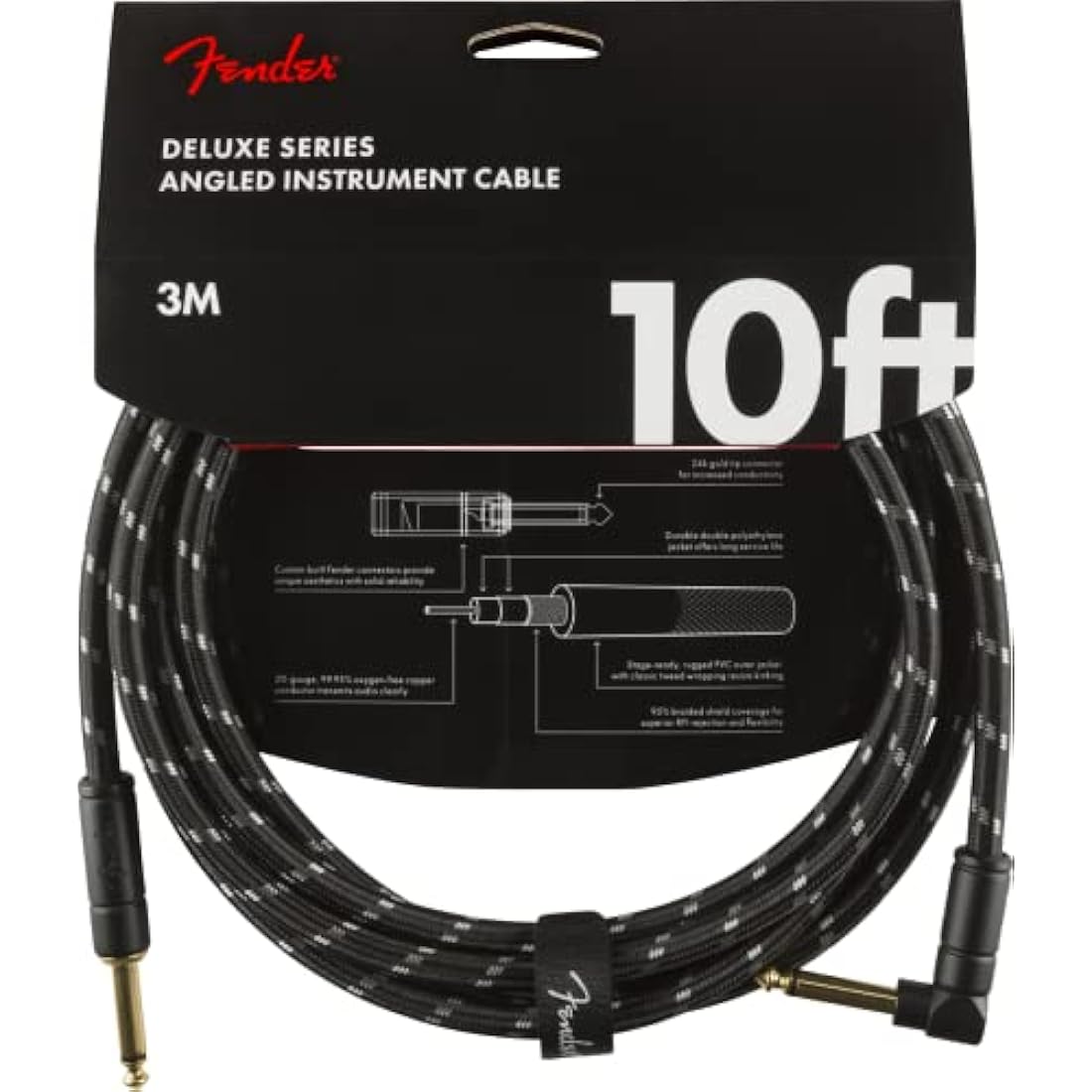Fender Deluxe Series Instrument Cable 10ft,3m, Braided Shielding and 24K Gold Plated Connectors for Lossless, Pure Sound, Straight,Angled Jack, Black Tweed