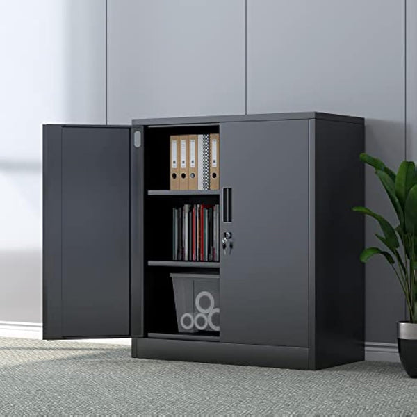 iJINGUR Metal Storage Cabinet with Locking Doors and 2 Adjustable Shelves, Small Lockable Storage Cupboard for Home Office Garage (Black)