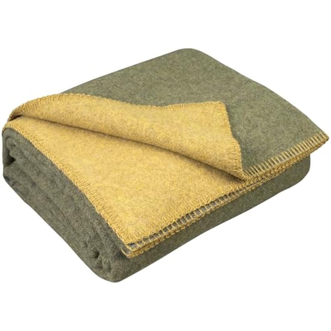 LYHome Travel Blanket - Extra Warm Picnic Throw, Bed Camping Outdoor Wool Blankets, Cozy Soft Throws, Military Army and Garden Outside Use (51x67 in | 130x170 cm | Olive Green - Mustard Double-sided)