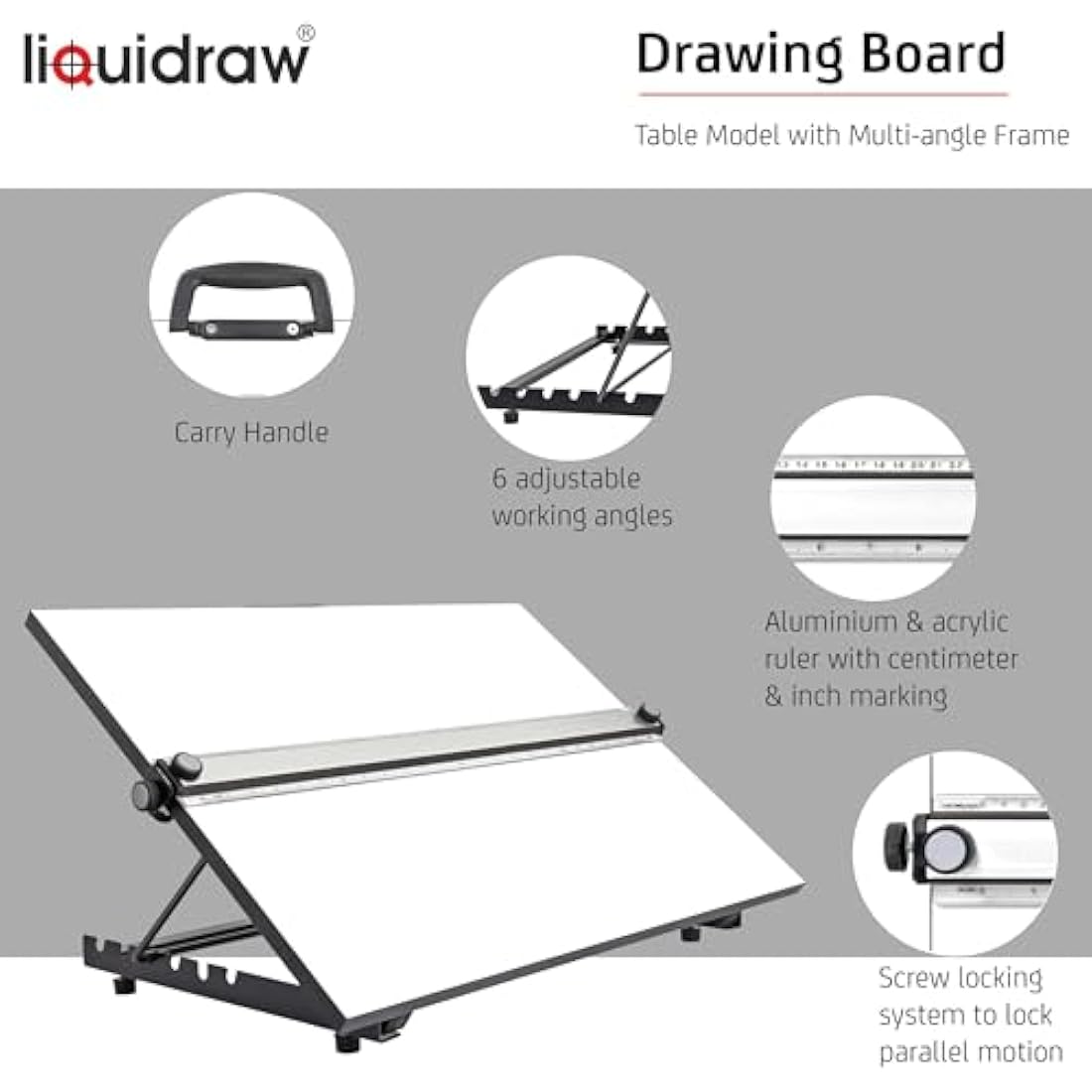 Liquidraw A2 Drawing Board Parallel Motion, Table Model with 5 Adjustable Working Angles, Includes Drawing Board Clips & Set Square, TTM02, White