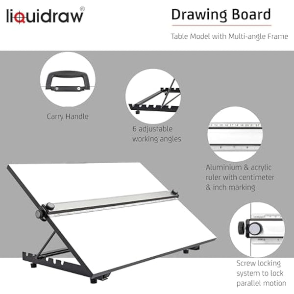 Liquidraw A2 Drawing Board Parallel Motion, Table Model with 5 Adjustable Working Angles, Includes Drawing Board Clips & Set Square, TTM02, White