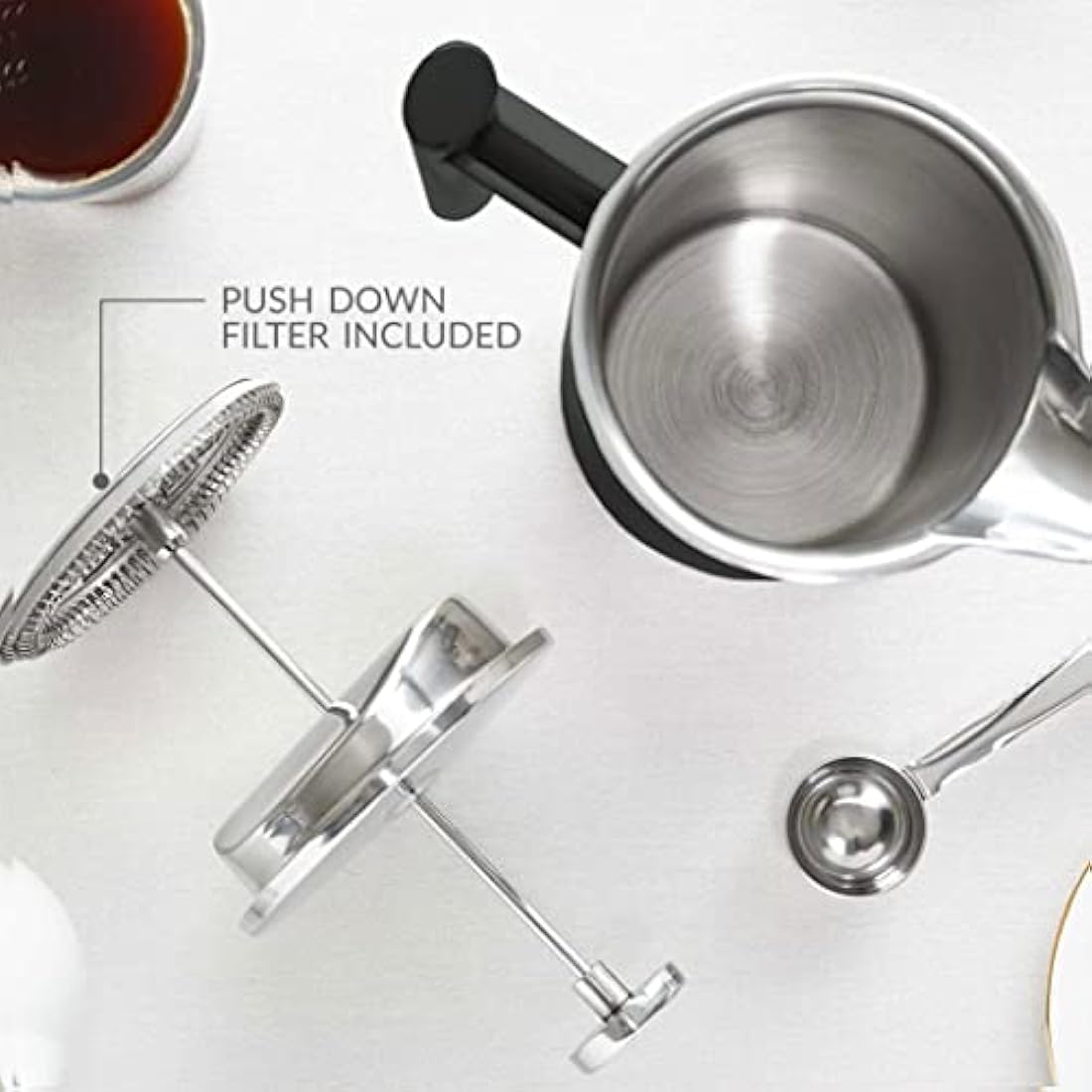 Andrew James Double Walled Stainless Steel Cafetiere Gift Set with 3 Mesh Filters, Coffee Measuring Spoon and Bag Sealing Clip, Delicious French Press Coffee, Easy to Clean (1000ml, Black)