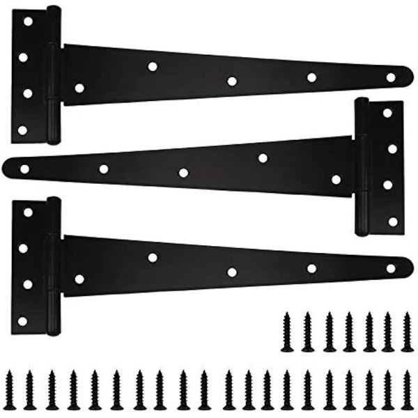 Heavy Duty T-Hinges 16 Inch (400mm) Tee Hinge for Wooden Door Gate, Black, 3 Pack, Matching Screws Included