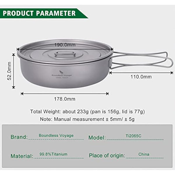 iBasingo 1000ml Titanium Frying Pan 19cm Camping Cookware with Lid & Folding handle Outdoor Lightweight Portable Griddle Hiking Skillet Dish Plate Bowl Kitchen Cooking Kit
