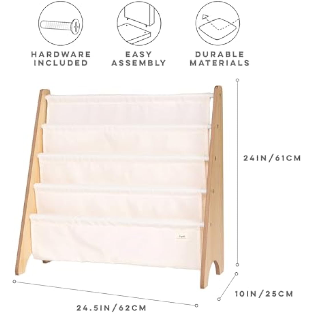 3 Sprouts Recycled Fabric Kids Bookshelf – 4-Tier Sling Book Rack Storage - Kids Room Book Shelves, Nursery, Playroom, Classroom - Bookcase Display Shelf for Toddler, Children Age 3+ - Solid Cream
