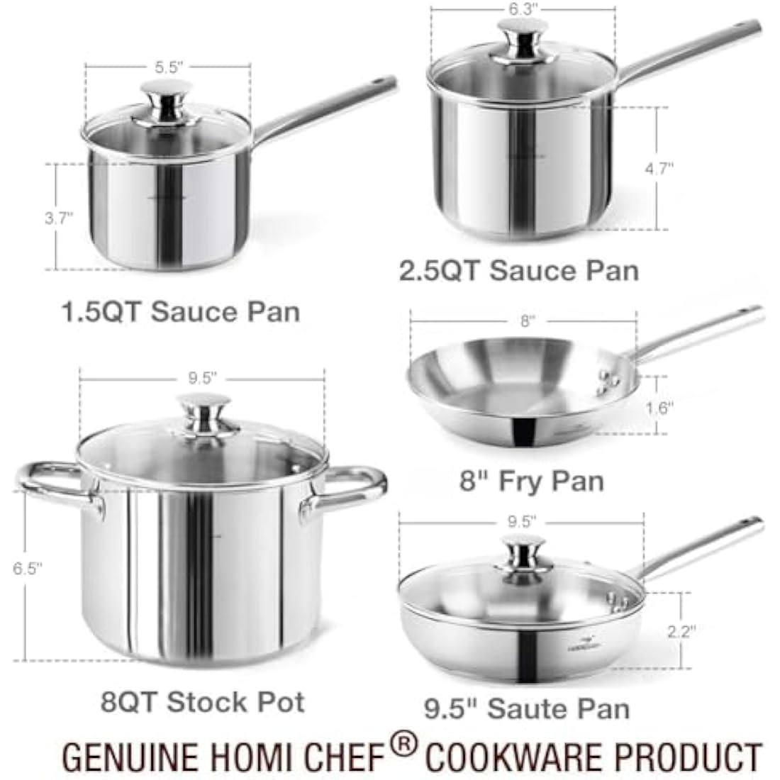 HOMICHEF 14-Piece Nickel Free Stainless Steel Cookware Set - Nickel Free Non-Toxic Stainless Steel Pots and Pans Set - Healthy Induction Cookware
