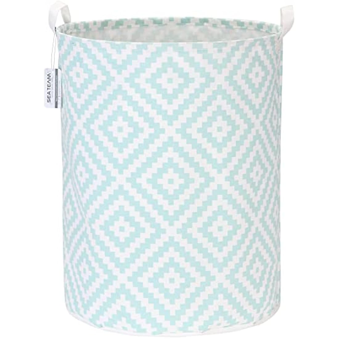 Sea Team 19.7 Inch Large Sized Waterproof Coating Ramie Cotton Fabric Folding Laundry Hamper Bucket Cylindric Burlap Canvas Storage Basket with Stylish Bohemia Mint Design