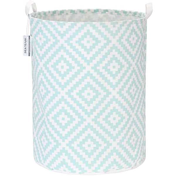Sea Team 19.7 Inch Large Sized Waterproof Coating Ramie Cotton Fabric Folding Laundry Hamper Bucket Cylindric Burlap Canvas Storage Basket with Stylish Bohemia Mint Design