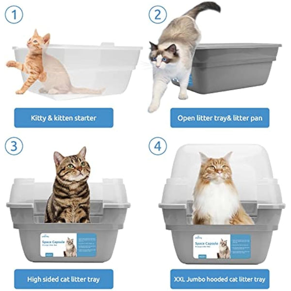 Petfamily Cat Litter Box with Hood - 3-in-1 Foldable cat litter Tray with Transparent Cover, Large Hooded Cat Toilet with Anti-Leak Design, Spacious Covered Litter Pan for Multiple Cats Grey