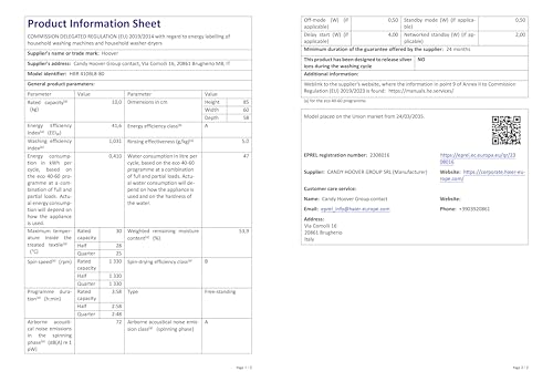 Hoover H-WASH 350 9kg Freestanding Washing Machine, 1400 RPM, A Rated, ECO-Power Inverter Motor, hOn App, 60 Programmes, Eco Doser, Power Care System, Graphite, 60x54x85 cm - H3WPS496TAMBR680
