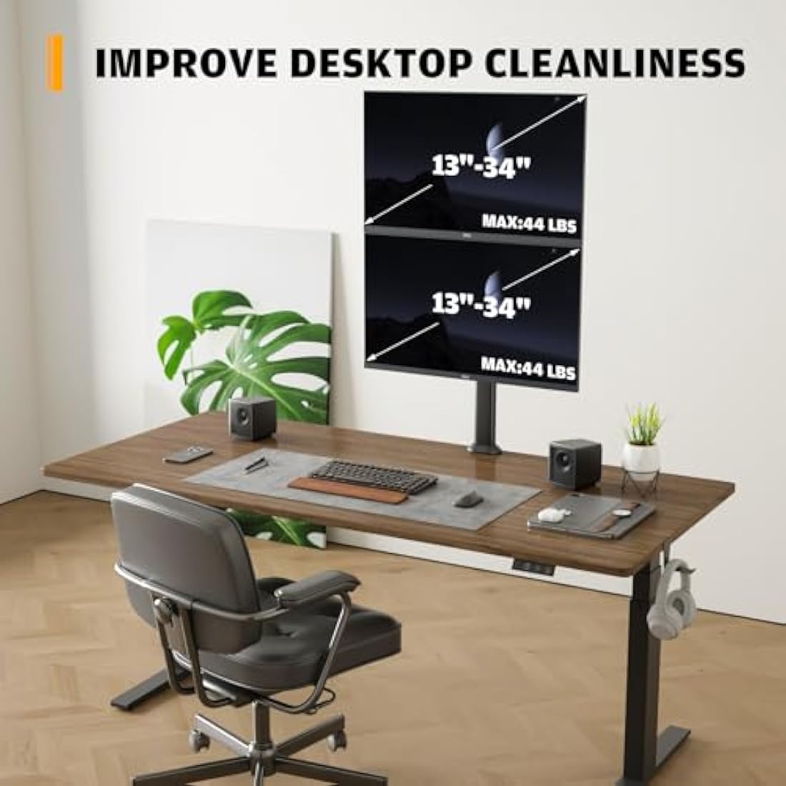 HEMUDU Dual Monitor Articulating Desk Mount Arm Stand - Vertical Stack Screen Supports Two 13 to 34 Inch Computer Monitors with C Clamp