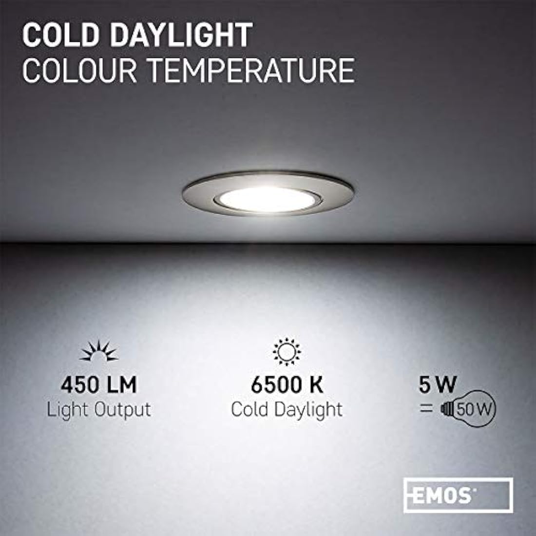 EMOS LED Spot Lights Ceiling Round 5W / 450lm, 6500K Cold White | 50° Tilt Swivel Recessed Ceiling Lights, Ultra Slim | Pack of 12 Recessed LED Downlights for Ceiling, Mains Powered, Brushed Silver