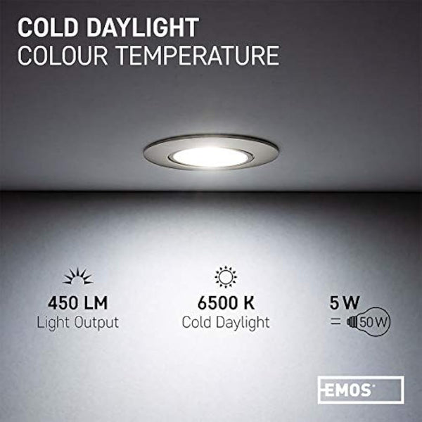 EMOS LED Spot Lights Ceiling Round 5W / 450lm, 6500K Cold White | 50° Tilt Swivel Recessed Ceiling Lights, Ultra Slim | Pack of 12 Recessed LED Downlights for Ceiling, Mains Powered, Brushed Silver