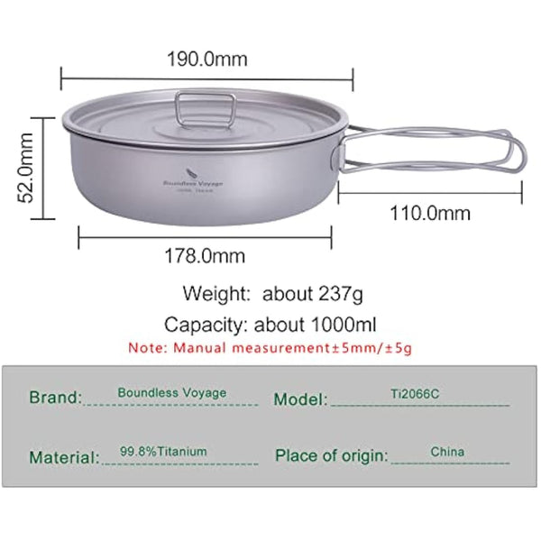 iBasingo 1000ml Titanium Frying Pan 19cm Camping Cookware with Lid & Folding handle Outdoor Lightweight Portable Griddle Hiking Skillet Dish Plate Bowl Kitchen Cooking Kit