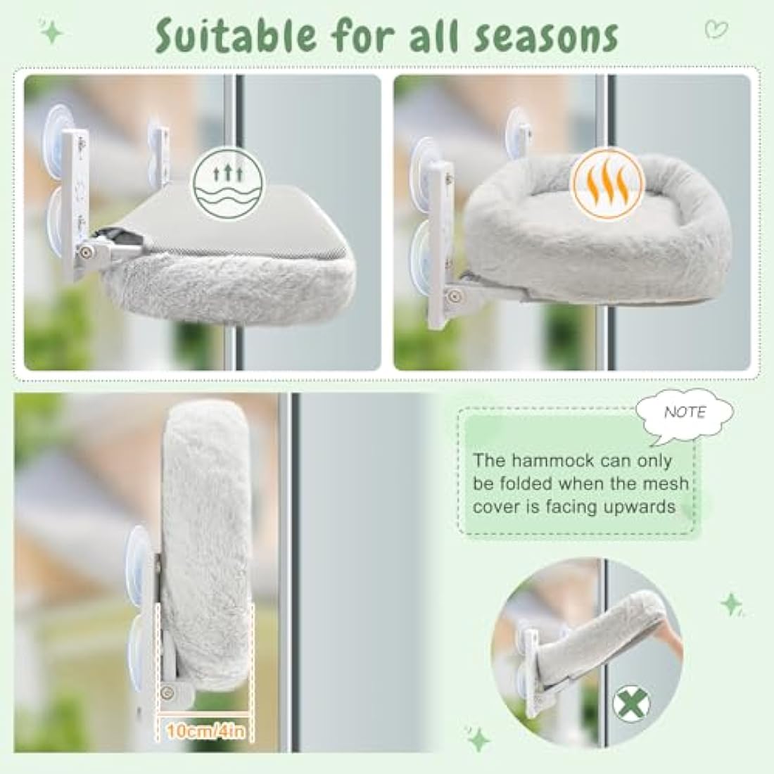 GUUSII HOME Cat Hammock Window Perch Foldable Hanging Bed Windowsill Seat Large Cats Shelf with Strong Suction Cups Kitty Lounger Reversible Cover 53 * 30cm Hold Up to 18kg Easy to Assemble(Grey)