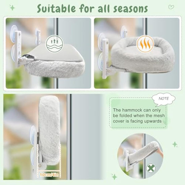 GUUSII HOME Cat Hammock Window Perch Foldable Hanging Bed Windowsill Seat Large Cats Shelf with Strong Suction Cups Kitty Lounger Reversible Cover 53 * 30cm Hold Up to 18kg Easy to Assemble(Grey)