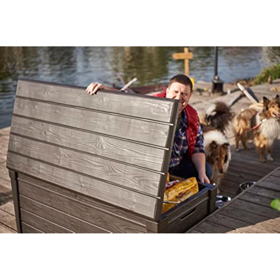 Keter Brightwood 454L Outdoor 60% recycled Garden Furniture Storage Box Brown Wood Panel Effect Fade Free All Weather Resistant Safe and Secure Zero Maintenance 2 year Warranty