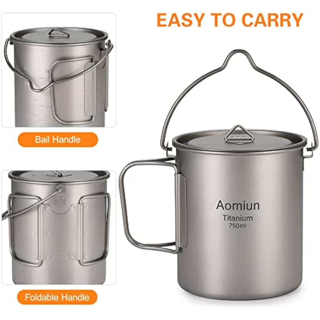 HUIOP titanium pot, Ultralight 750ml Titanium Pot Portable Titanium Water Mug Cup with Lid and Foldable Handle Outdoor Camping Cooking Picnic
