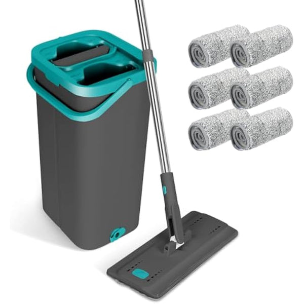 Masthome Mop and Bucket, Microfibre Mops and Buckets Sets with 140CM Stainless Steel Handle & 6pcs Washable Pads, Wet & Dry Cleaning Buckets for Cleaning Laminate Tile Hardwood Floors